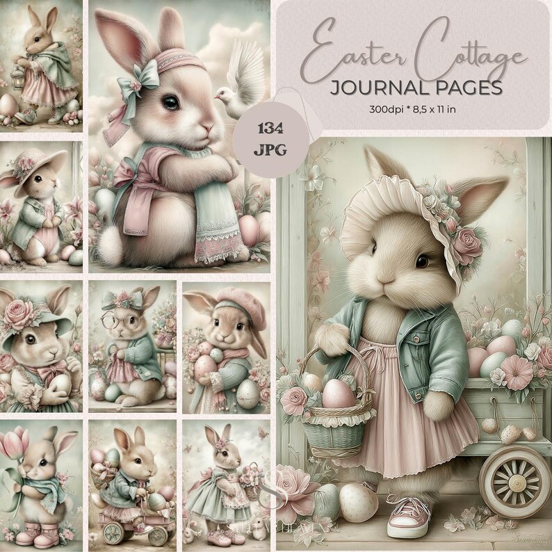 Easter Cottage Bunny Junk Journal Pages, Shabby Chic Spring Printable ...