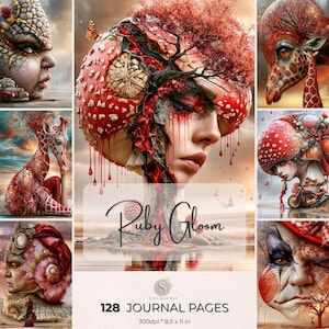 May include: A digital art collage featuring surreal portraits and figures with red and white mushroom-like elements, butterflies, and giraffe-like creatures. The text "Ruby Gloom" and "128 Journal Pages" are also visible. The image is 8.5 x 11 inches.
