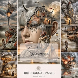 Peut inclure: Un collage d'art numérique avec des éléments fantastiques surréalistes. L'image centrale est le visage d'une femme avec une tête fissurée, révélant un paysage urbain. D'autres images incluent un voilier, un château et une figure avec un loup. Le texte indique "Stormoria" et "100 Journal Pages".