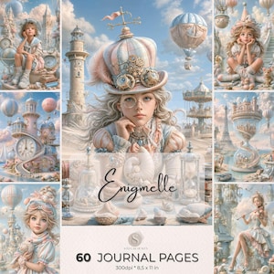 May include: A digital collection of 60 journal pages titled Enigmelle, featuring fantasy illustrations of a person in a steampunk-inspired hat, hot air balloons, lighthouses, and hourglasses. The pages measure 8.5 by 11 inches at 300 dpi.
