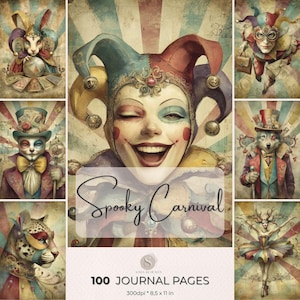 May include: A collage of whimsical illustrations with a vintage carnival theme. The images feature anthropomorphic characters in colorful costumes, including a rabbit, cat, wolf, and deer. The text "Spooky Carnival" and "100 Journal Pages" are also visible.