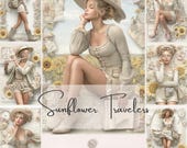 Sunflower Junk Journal Pages, Sunflower Travelers Printable Kit, Vintage Travel Scrapbook Papers, Feminine Ephemera