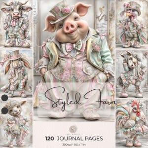 Fancy Farm Animals Junk Journal Pages, Pastel Dressed Animals Printable Kit, Cute Pig Bunny Cow Clipart, Shabby Chic Scrapbook Papers