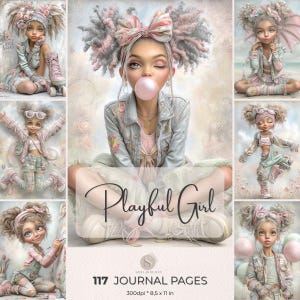 Puede incluir: Una impresión artística digital que presenta varias ilustraciones de una niña en diferentes poses. Las imágenes utilizan colores pastel suaves, creando una estética lúdica y soñadora. El texto "Playful Girl" se muestra de forma destacada.