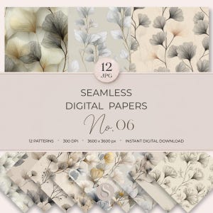 May include: A collection of 12 seamless digital papers featuring botanical patterns with ginkgo-like leaves in shades of cream, beige, and charcoal gray. The text reads 12 JPG, SEAMLESS DIGITAL PAPERS, No. 06, 12 PATTERNS, 300 DPI, 3600 x 3600 px.