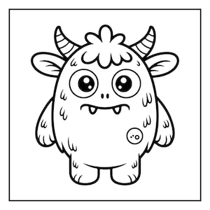 以下が含まれることがあります： フレンドリーなモンスターの白黒漫画イラスト。 モンスターは大きな目、小さな角、毛むくじゃらの体を持っています。 小さな口に歯が2本あり、側面に小さな斑点があります。 モンスターは直立しています。
