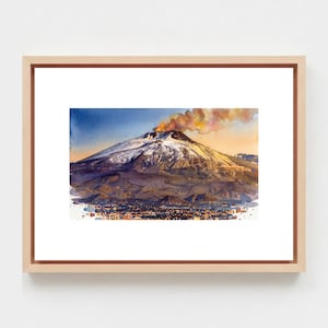 Lámina de acuarela de erupción volcánica / Arte mural de montaña espectacular / Pintura de paisaje natural / Descarga digital