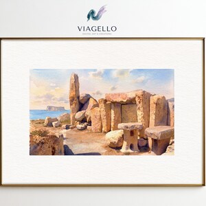 May include: Watercolor painting of ancient stone structures on a sunny day. The artwork depicts a historical site with large, weathered stone blocks and a blue sea in the background. The image is framed in a gold-colored frame.
