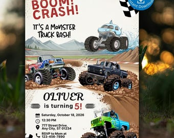 Monster Truck Birthday Invitation | Editable Canva Template Invite | Truck Party Invite for Boys | 5x7 Printable | Instant Download