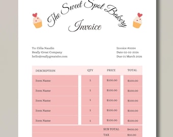 Bakery Invoice Template, Canva Editable , Custom Cake Invoice, Home Bakery Billing Form, Cupcake Order Invoice, Small Business Invoice,