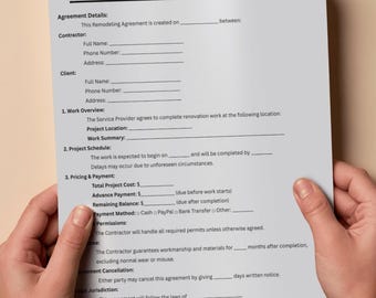 Remodeling Contract Template | Editable Canva | Home Renovation Agreement Form | Printable Contract Construction Services