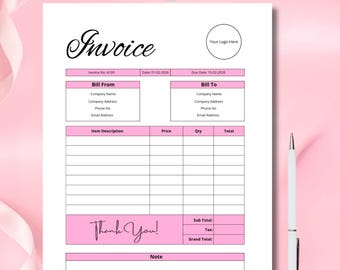Pink Invoice Form | Editable in Canva | Small Business Form | Cute Modern Billing Invoice Template, Custom Order Services | Instant Download