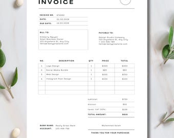 Minimalist Invoice Template | Editable Canva Invoice for Small Business, Client & Services Billing Form Printable | Instant Download
