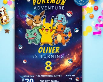 pokmon birthday invitation | Editable Pikachu Kids Party Invitation | Canva Template, Printable Pokemon Theme Card Invite, Instant Download