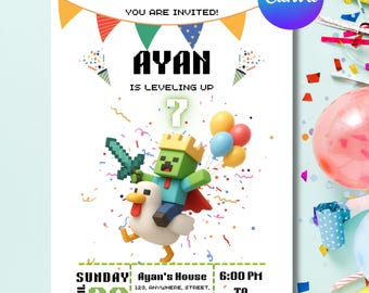 Chicken Jockey Birthday Invitation, Pixel Gamer Party Invite, Editable Canva Template, 5x7 Printable, Kids Gaming Birthday, Digital Download