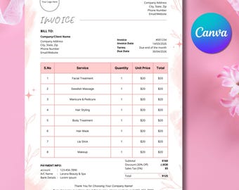 Pink Business Form Editable | Pink Invoice Template | Aesthetic Invoice | Salon Invoice Template | Small Business form  | Instant Download