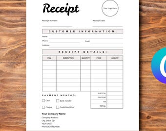 Professional Receipt Template, Small Business, Canva Editable Template, Sales & Customer Receipt Form, Printable, Instant Digital Download