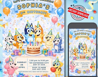Invito di compleanno a tema Bluey Bingo, modello Canva modificabile, invito per festa a tema Bluey, invito di compleanno per bambini, download digitale immediato, formato stampabile 5x7.