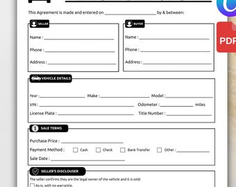 Vehicle Bill of Sale , One Page Editable Canva Template, Car Sale Agreement, Printable Motor Vehicle Bill of Sale, Instant Download