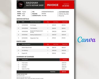 Mechanic Invoice Template | Auto Repair Invoice | Editable Canva invoice | Automotive service invoice