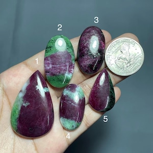 May include: Five polished ruby zoisite cabochons of varying shapes and sizes, labelled one through five, displayed alongside a United States one dollar coin for scale. The stones feature deep magenta and vibrant green mineral inclusions.