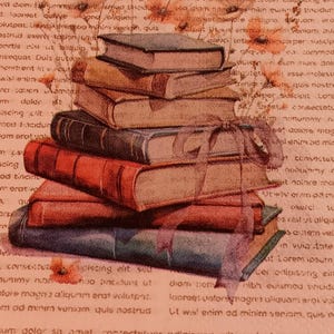 May include: A stack of vintage books with worn covers in shades of red, brown, and tan. The books are arranged in a slightly uneven pile, suggesting age and use. Floral accents and handwritten text form a backdrop.