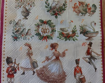 2 servilletas individuales de cóctel de los 12 días de Navidad para decoupage