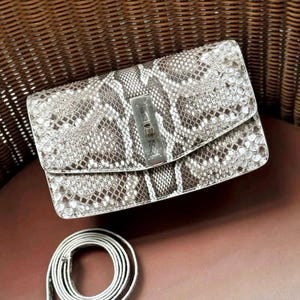 May include: A rectangular clutch bag with a snakeskin pattern in grey, brown, and white. It has a silver-toned clasp and a matching silver strap. The bag is approximately 25 cm wide and 15 cm tall.