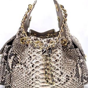 Może przedstawiać: Torebka ze wzorem skóry węża ze złotymi łańcuszkami i akcentami. Torba posiada zapięcie na sznurek i dwie boczne kieszenie. Neutralna paleta kolorów obejmuje odcienie szarości, brązu i kremu.