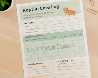 May include: A reptile care log with the title "Reptile Care Log" at the top. The log includes sections for pet info, daily/weekly tracking, weight tracking, shedding log, and notes. The words "Instant Download" and "PDF & PNG Included" are also visible.