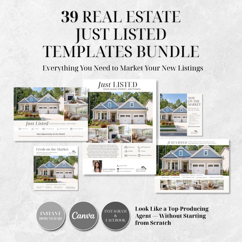 May include: A collection of 39 real estate templates, featuring the text "39 REAL ESTATE JUST LISTED TEMPLATES BUNDLE." The templates showcase house images and phrases like "Just Listed" and "Fresh on the Market." The image also includes the words "INSTANT DOWNLOAD," "Canva," and "INSTAGRAM & FACEBOOK."