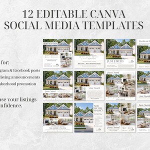 May include: Twelve editable Canva social media templates are displayed. The templates showcase images of houses and interior design, with text reading "Just Listed" and "New on the Market". Ideal for Instagram and Facebook posts and neighborhood promotion.