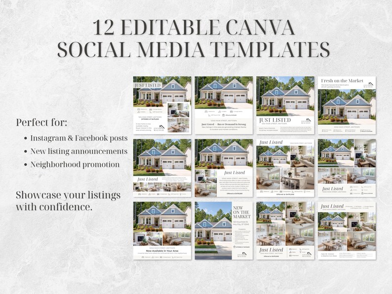 May include: Twelve editable Canva social media templates are displayed. The templates showcase images of houses and interior design, with text reading "Just Listed" and "New on the Market". Ideal for Instagram and Facebook posts and neighborhood promotion.