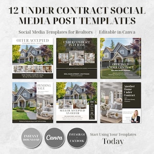 Könnte beinhalten: Ein Satz von 12 Social-Media-Post-Vorlagen für Immobilienmakler. Die Vorlagen enthalten Sätze wie "Angebot angenommen", "Unter Vertrag" und "Verkauf ausstehend". Die Vorlagen sind in Canva bearbeitbar.