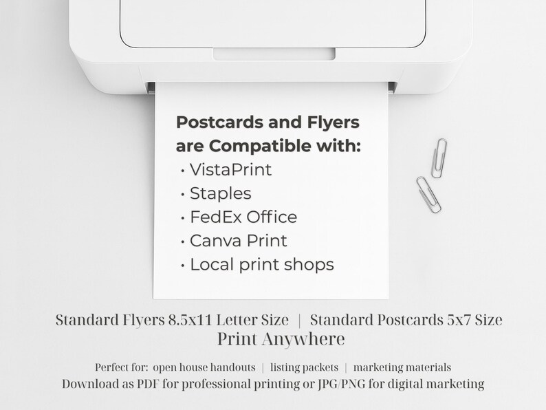 May include: A white printer is shown with a printed sheet of paper. The paper lists compatible print services: VistaPrint, Staples, FedEx Office, Canva Print, and local print shops. The paper also states the standard flyer and postcard sizes.