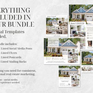 May include: A collection of real estate marketing templates, including social media posts, flyers, postcards, and mailing backs. The templates feature images of houses and include the text "Just Listed" and "12345 Main Street, Anytown."