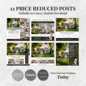 May include: A collection of 12 price-reduced real estate posts. The templates are editable in Canva and available for instant download. Each post features a photo of a house with text such as "Price Reduced" and "New Lower Price."