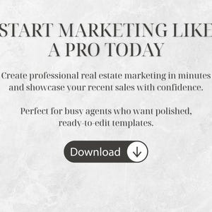 Op de afbeelding: Afbeelding met tekst: "START MARKETING LIKE A PRO TODAY." De tekst gaat verder met "Cre&euml;er professionele vastgoedmarketing in minuten en presenteer uw recente verkopen met vertrouwen." Een knop leest "Download" met een pijl naar beneden.