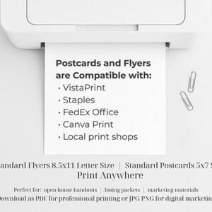 Op de afbeelding: Een witte printer met een bedrukt vel papier. Het papier vermeldt compatibele printdiensten: VistaPrint, Staples, FedEx Office, Canva Print en lokale drukkerijen. Het papier vermeldt ook "Postcards and Flyers are Compatible with:" en "Print Anywhere."