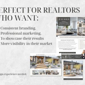 Op de afbeelding: Een promotionele afbeelding voor makelaars, met de tekst "PERFECT VOOR MAKELAARS DIE WILLEN: Consistente branding, Professionele marketing, Hun resultaten laten zien, Meer zichtbaarheid in hun markt." De afbeelding bevat voorbeelden van marketingmateriaal met de tekst "JUST SOLD".