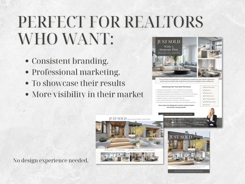 Op de afbeelding: Een promotionele afbeelding voor makelaars, met de tekst "PERFECT VOOR MAKELAARS DIE WILLEN: Consistente branding, Professionele marketing, Hun resultaten laten zien, Meer zichtbaarheid in hun markt." De afbeelding bevat voorbeelden van marketingmateriaal met de tekst "JUST SOLD".
