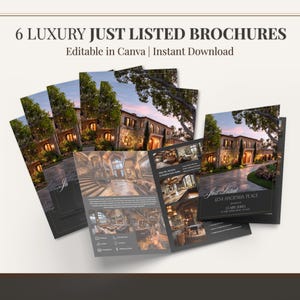 Könnte beinhalten: Sechs Luxus-Immobilienbroschüren mit Bildern eines großen Hauses. Die Broschüren sind schwarz-weiß mit Innen- und Außenaufnahmen. Auf den Broschüren steht "Just Listed" und "1234 Hacienda Place".