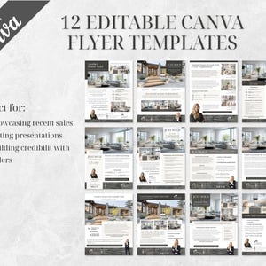 Op de afbeelding: Een verzameling van 12 bewerkbare Canva flyer templates. De templates zijn ontworpen met een neutraal kleurenpalet en tonen afbeeldingen van moderne huizen. Tekst bevat "12 EDITABLE CANVA FLYER TEMPLATES" en "Perfect for: Showcasing recent sales, Listing presentations, Building credibility with sellers."