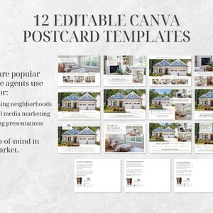 May include: An image displaying 12 editable Canva postcard templates. The templates feature images of houses and interior design. Text highlights uses for real estate agents: farming neighbourhoods, social media marketing, and listing presentations.