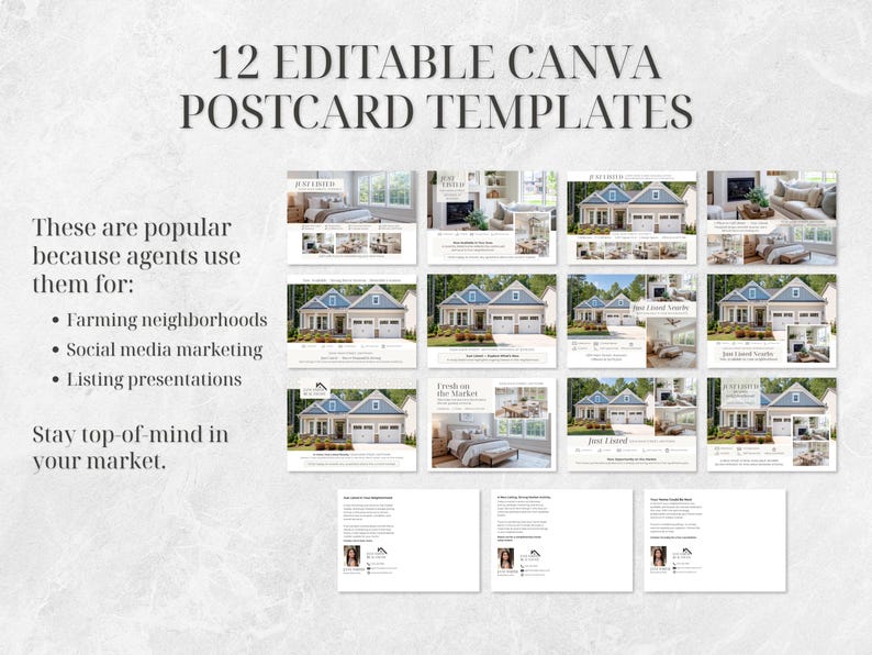 May include: An image displaying 12 editable Canva postcard templates. The templates feature images of houses and interior design. Text highlights uses for real estate agents: farming neighbourhoods, social media marketing, and listing presentations.