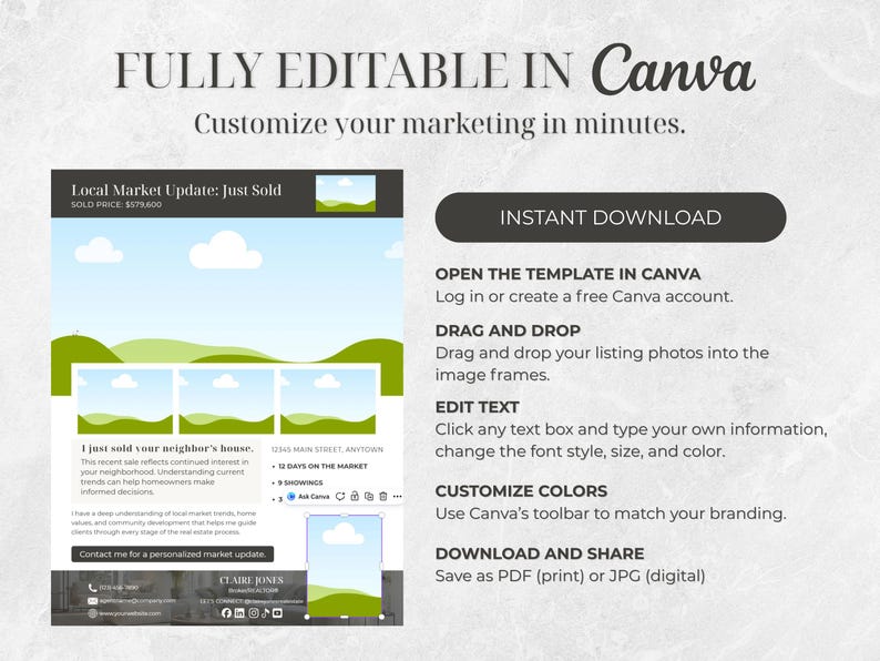 Op de afbeelding: Een digitale marketing sjabloon met de tekst "VOLLEDIG BEWERKBAAR IN Canva" en instructies voor aanpassing. De sjabloon bevat secties voor een lokale marktupdate, met placeholders voor afbeeldingen en tekst.