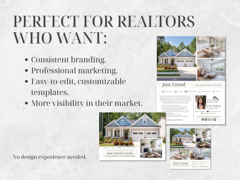 May include: A promotional graphic for estate agents. The text reads "PERFECT FOR REALTORS WHO WANT: Consistent branding, Professional marketing, Easy-to-edit, customizable templates, More visibility in their market." Includes sample "Just Listed" templates.
