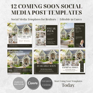 May include: An image promoting 12 social media post templates for estate agents. The templates display images of houses with text overlays such as "Coming Soon" and "Available Soon." The image includes the Canva and Instagram logos.