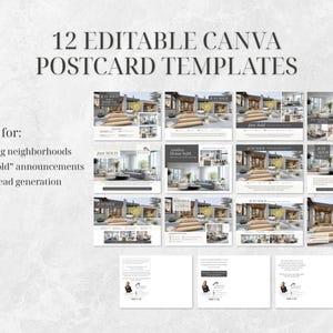Op de afbeelding: Een verzameling van 12 bewerkbare Canva-postersjablonen. De sjablonen tonen onroerendgoedthema's, waaronder afbeeldingen van huizen en de tekst "Just Sold". De tekst "12 EDITABLE CANVA POSTCARD TEMPLATES" staat bovenaan. De kaarten zijn populair voor het bewerken van buurten, "Just Sold"-aankondigingen en het genereren van leads voor verkopers.
