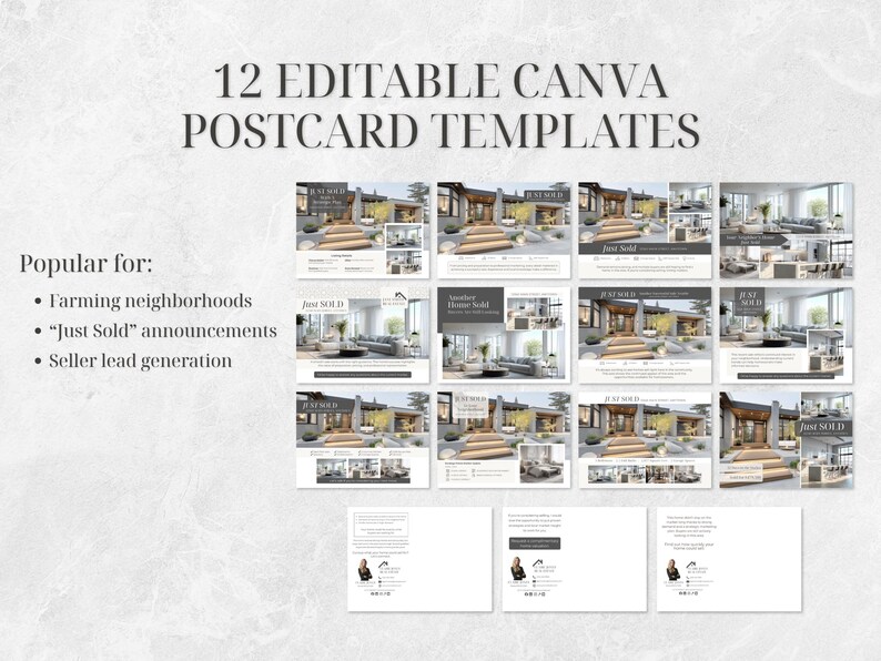 Op de afbeelding: Een verzameling van 12 bewerkbare Canva-postersjablonen. De sjablonen tonen onroerendgoedthema's, waaronder afbeeldingen van huizen en de tekst "Just Sold". De tekst "12 EDITABLE CANVA POSTCARD TEMPLATES" staat bovenaan. De kaarten zijn populair voor het bewerken van buurten, "Just Sold"-aankondigingen en het genereren van leads voor verkopers.